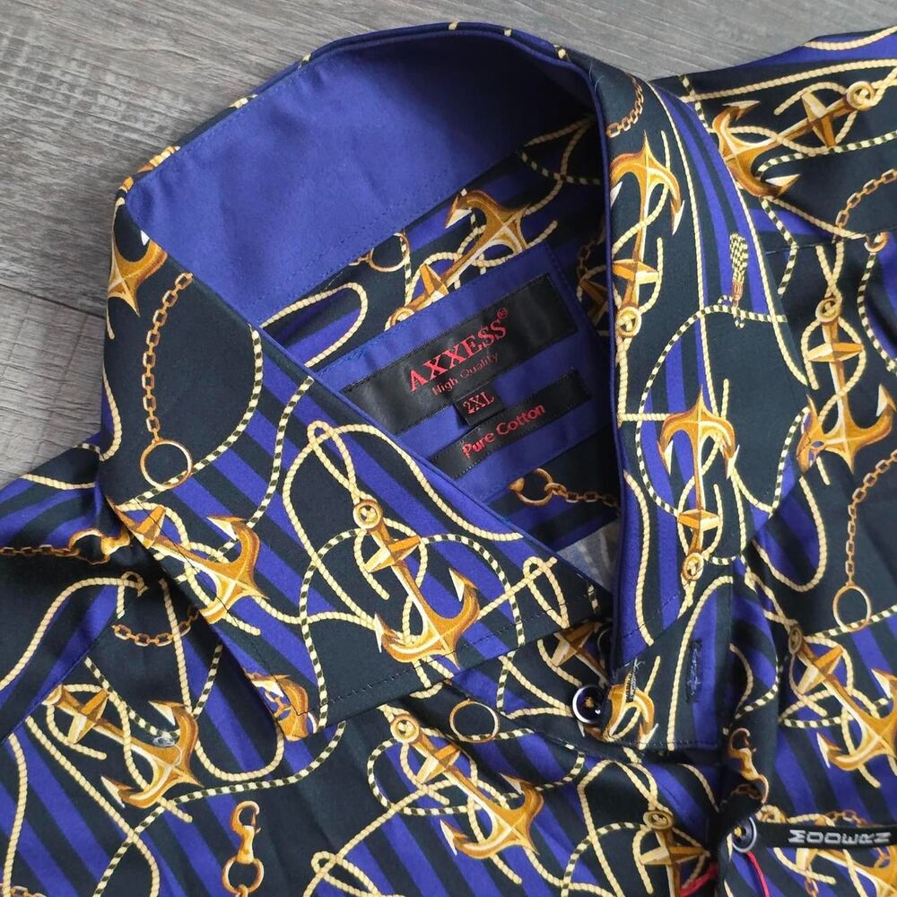 Axxess Men's Blue and Gold nautical print - Picture 2 of 8